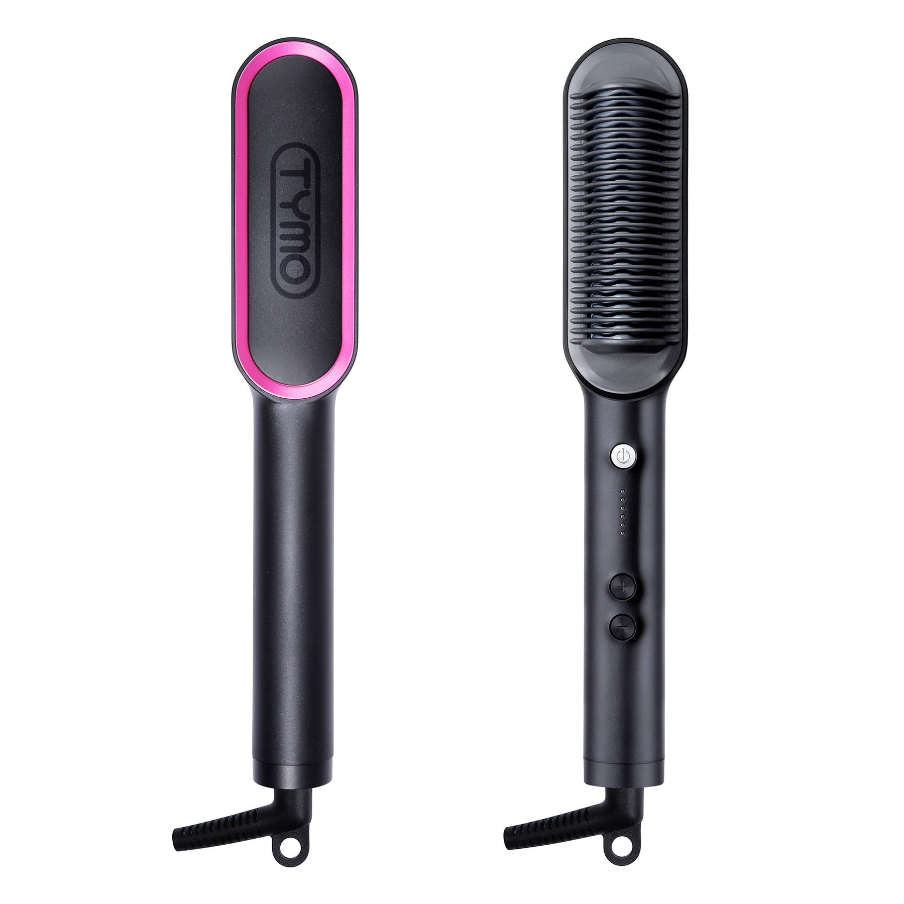 Front and back of TYMO RING hair straightener comb, highlighting sleek design and functional buttons for temperature control.