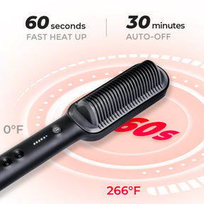 TYMO RING hair straightener comb with fast 60-second heat-up and 30-minute auto-off.