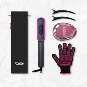 Packaging of TYMO RING hair straightener comb, including heat-resistant gloves, clips, and a carry case for user convenience.