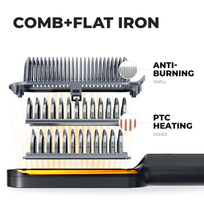 TYMO RING hair straightener comb showcasing anti-burning shell and PTC heating technology, ideal for safe and efficient hair styling.