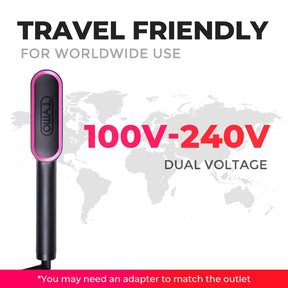 TYMO RING hair straightener comb is highlighted as travel-friendly with dual voltage support (100V-240V) for worldwide use.