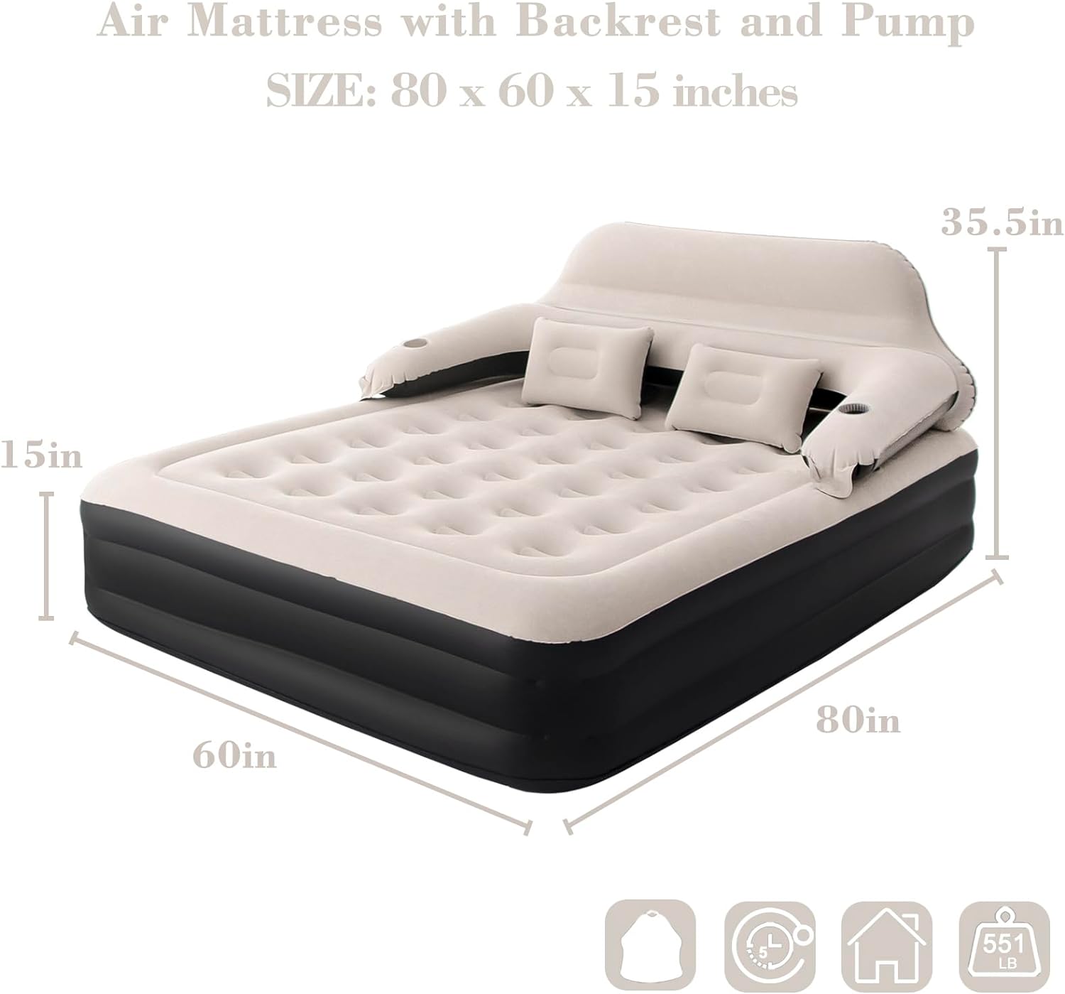 Queen Size Air Mattress with Headboard and Pump