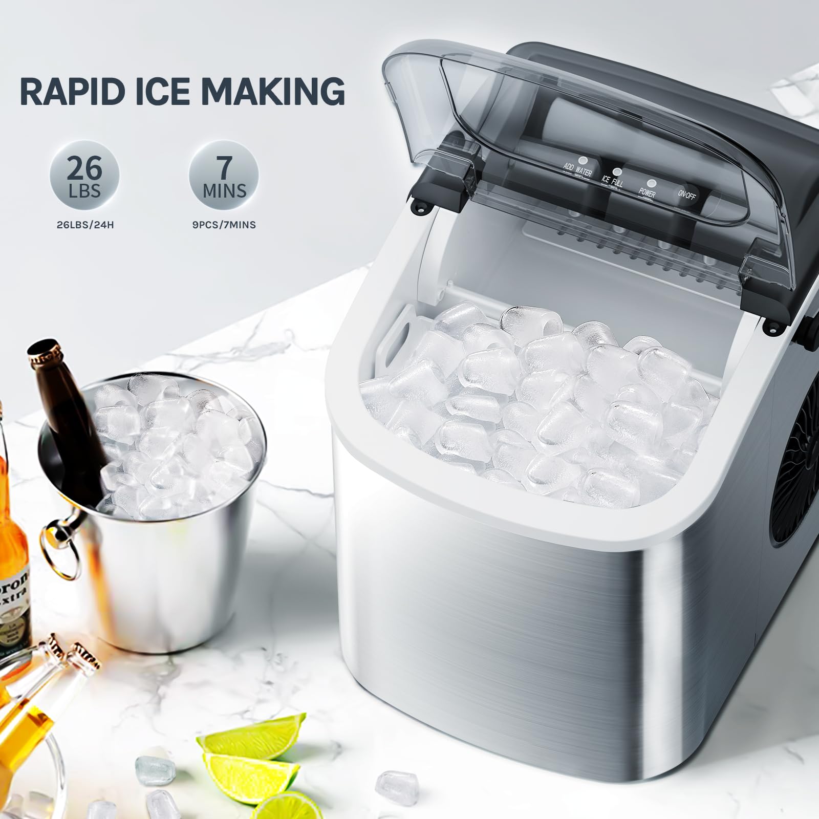 🛒Portable Ice Maker Machine with Handle,Self-Cleaning Ice Maker, 26Lbs/24H