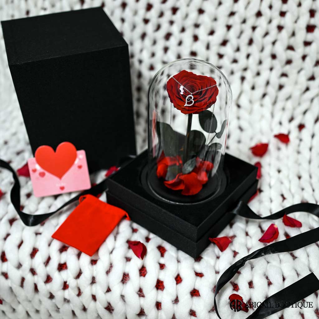 Heart Shape Preserved Rose In Glass Dome With Heart Love Necklace⭐