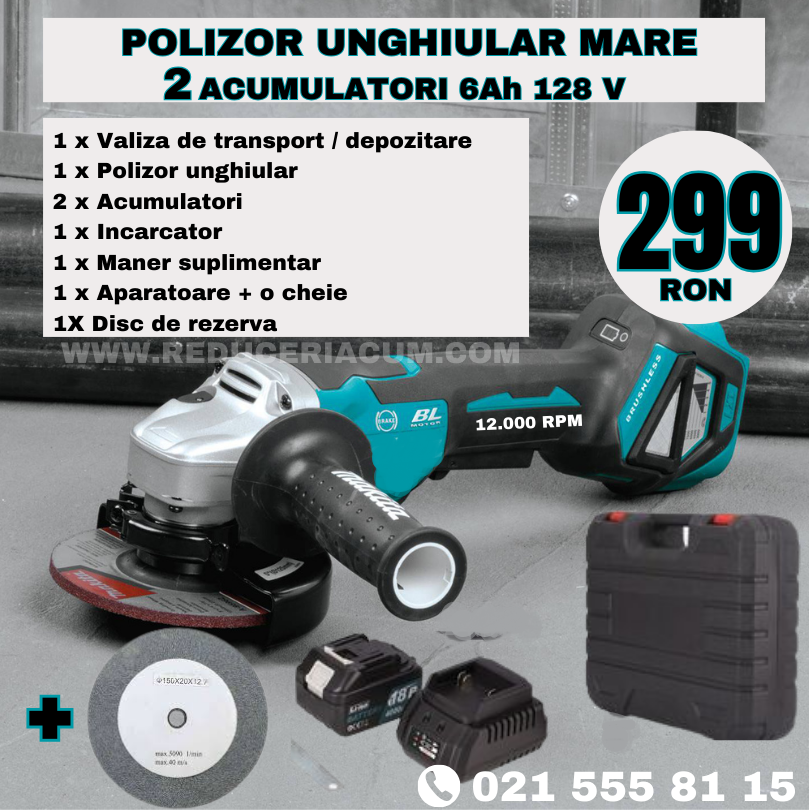 ⭐POLIZOR UNGHIULAR , FLEX CU ACUMULATOR , LEICH MANN , 2 ACUMULATORI 128 V 6 AH , 12.000 RPM , XGT, ALBASTRU