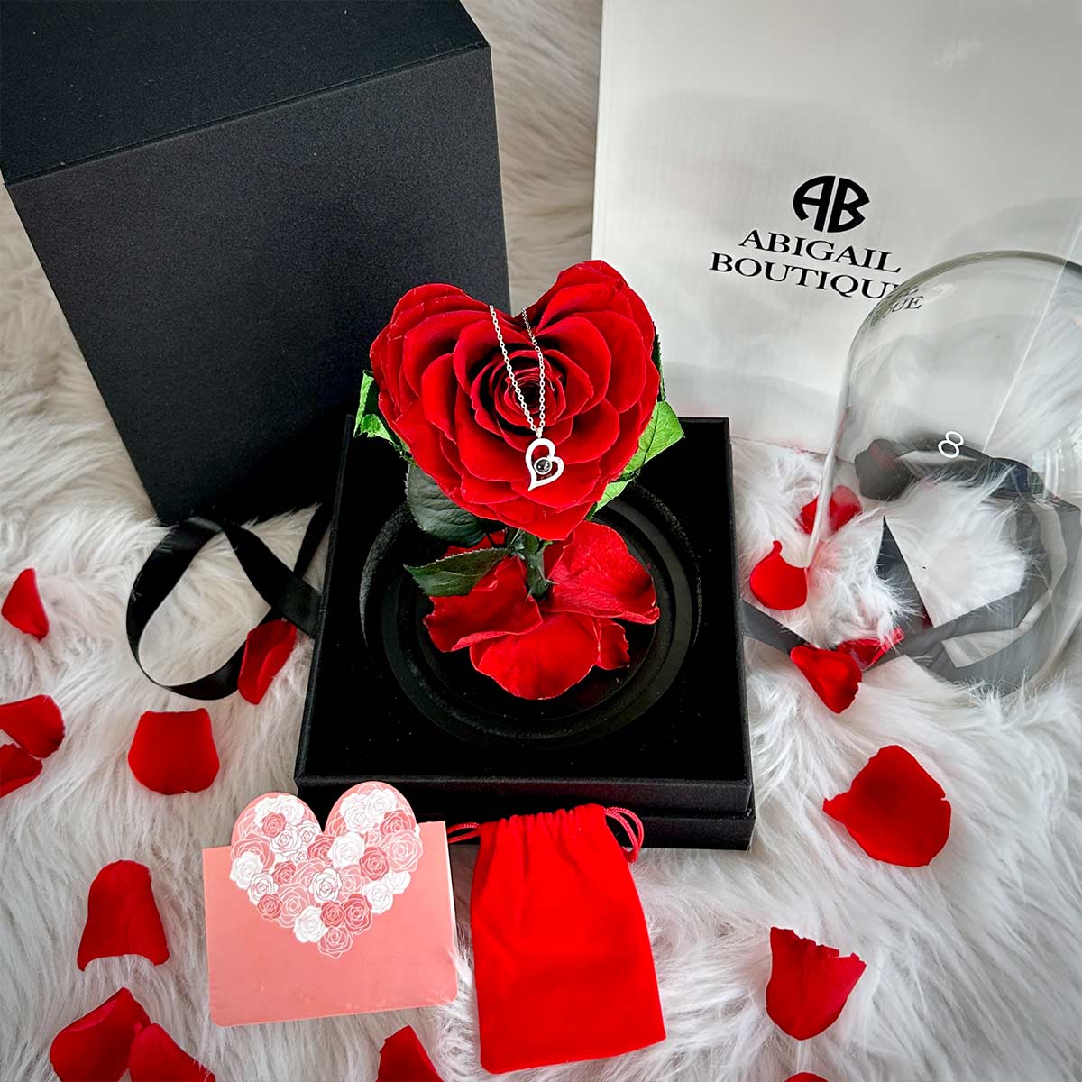 Heart Shape Preserved Rose In Glass Dome With Heart Love Necklace⭐