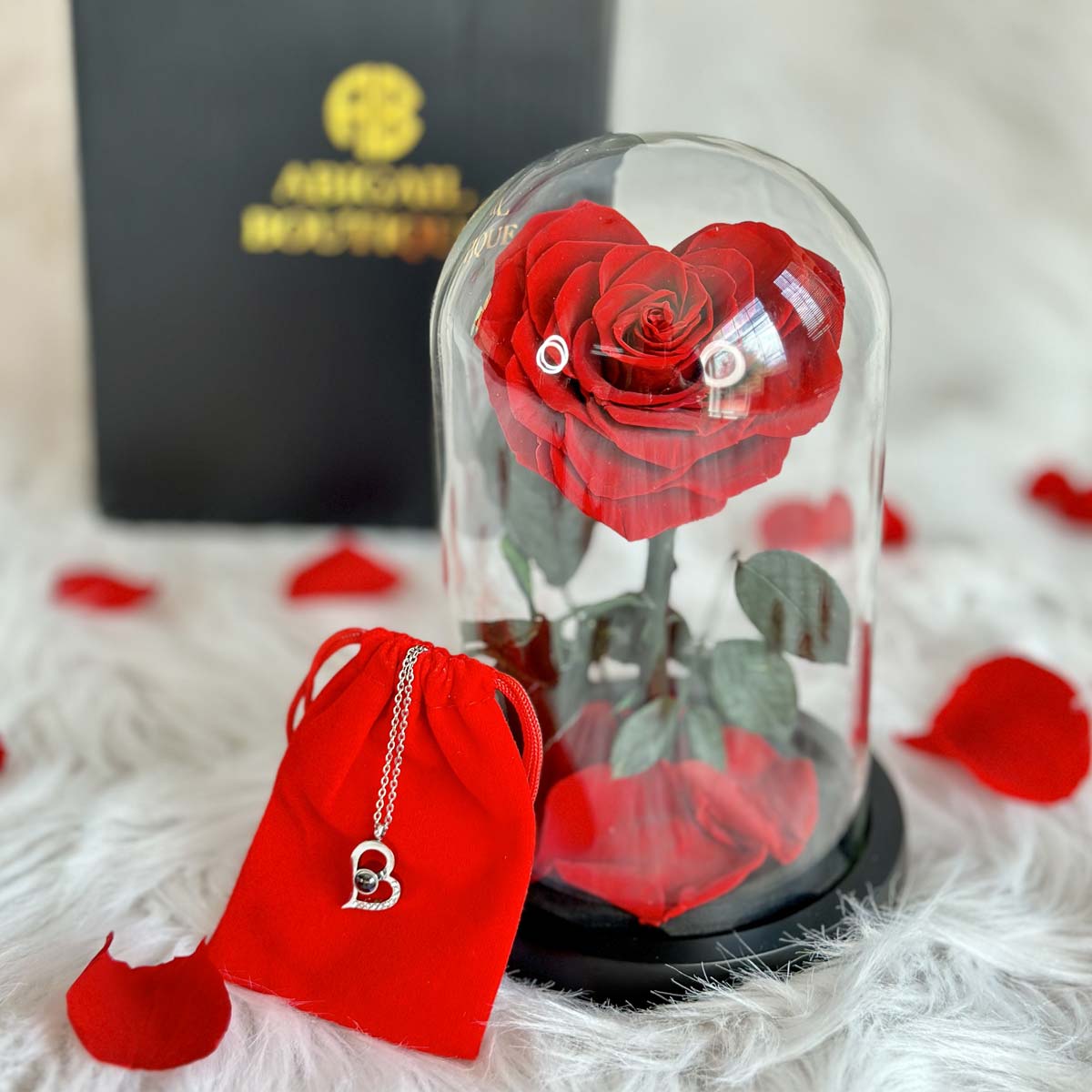 Heart Shape Preserved Rose In Glass Dome With Heart Love Necklace⭐