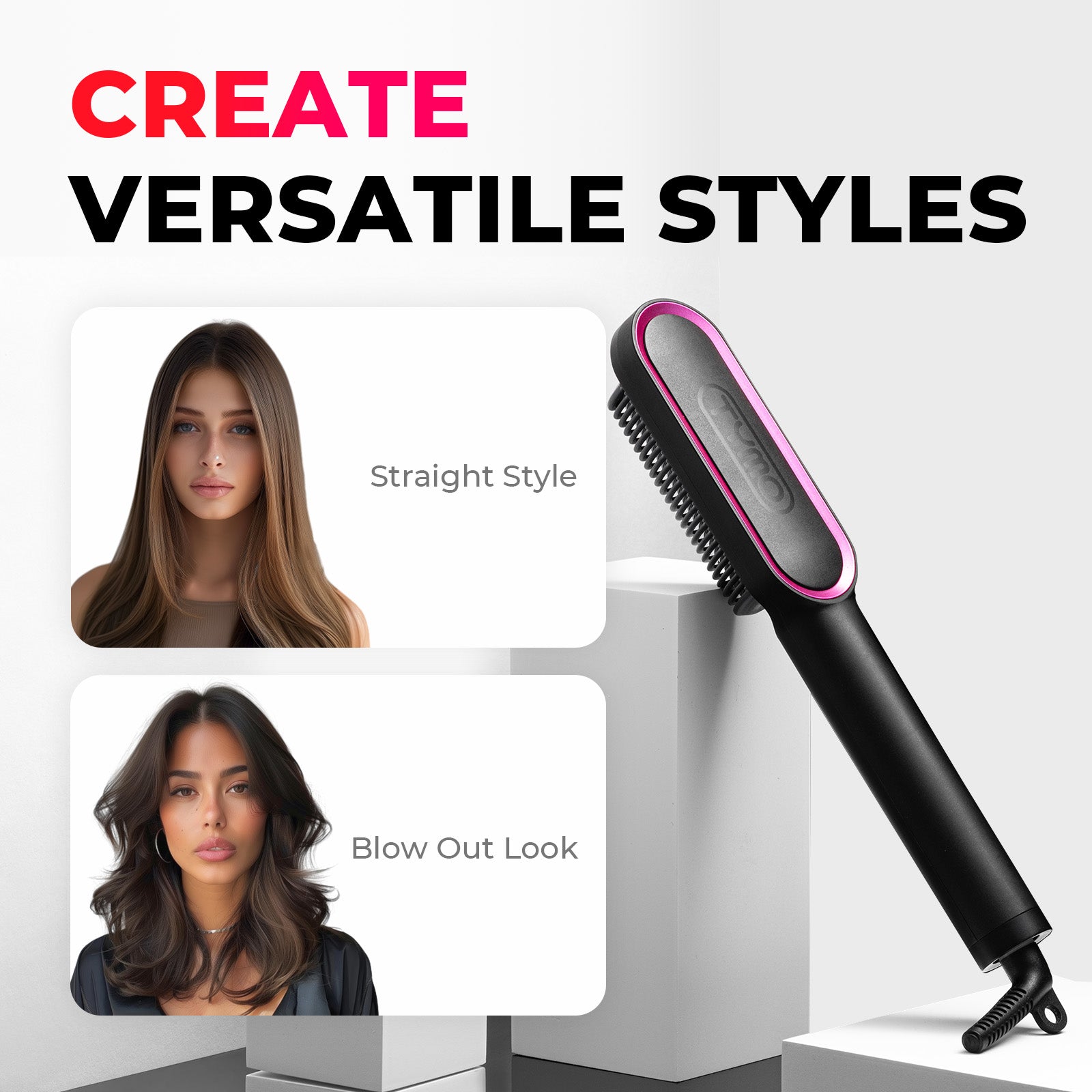 TYMO RING hair straightener comb demonstrates its ability to create versatile styles including straight and blow-out looks.